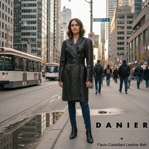 Danier Genuine Leather Double Breasted Wrap Classic Trench Coat w/ Flavio Belt